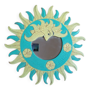 Miroir soleil en bois jaune vert