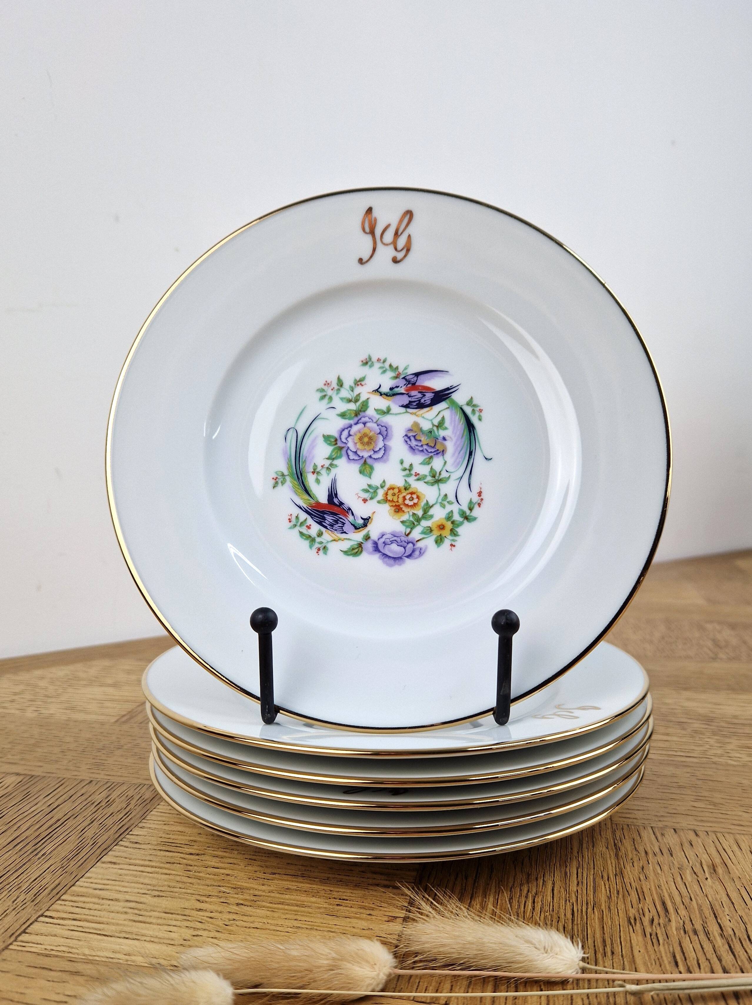 Set of 6 vintage dessert plates Limoges porcelain paradise bird