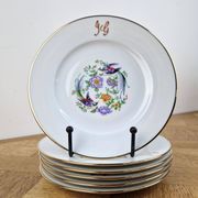 Set of 6 vintage dessert plates Limoges porcelain paradise bird