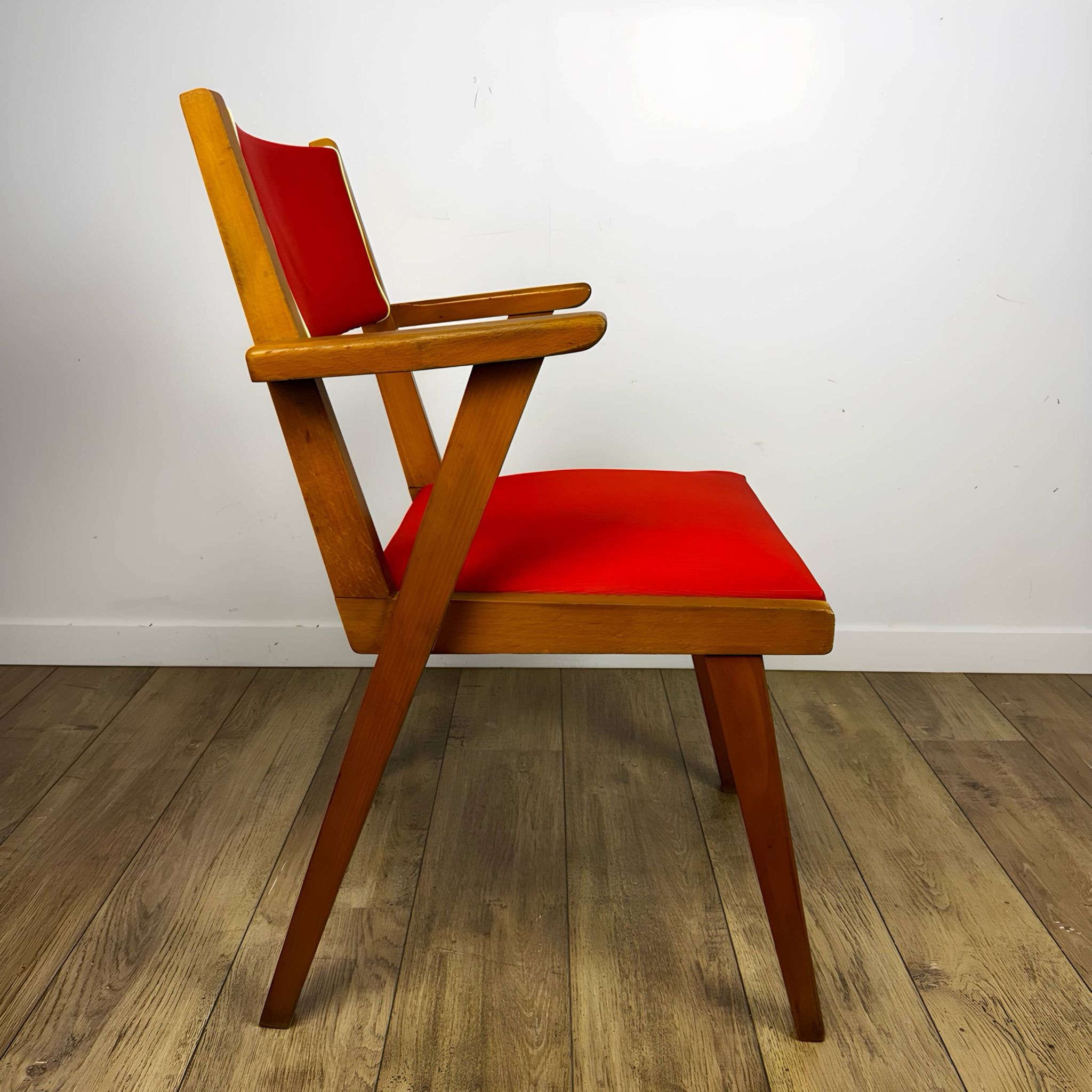 Pair of Scandinavian bridge armchairs in wood and vinyl from the 1950s.