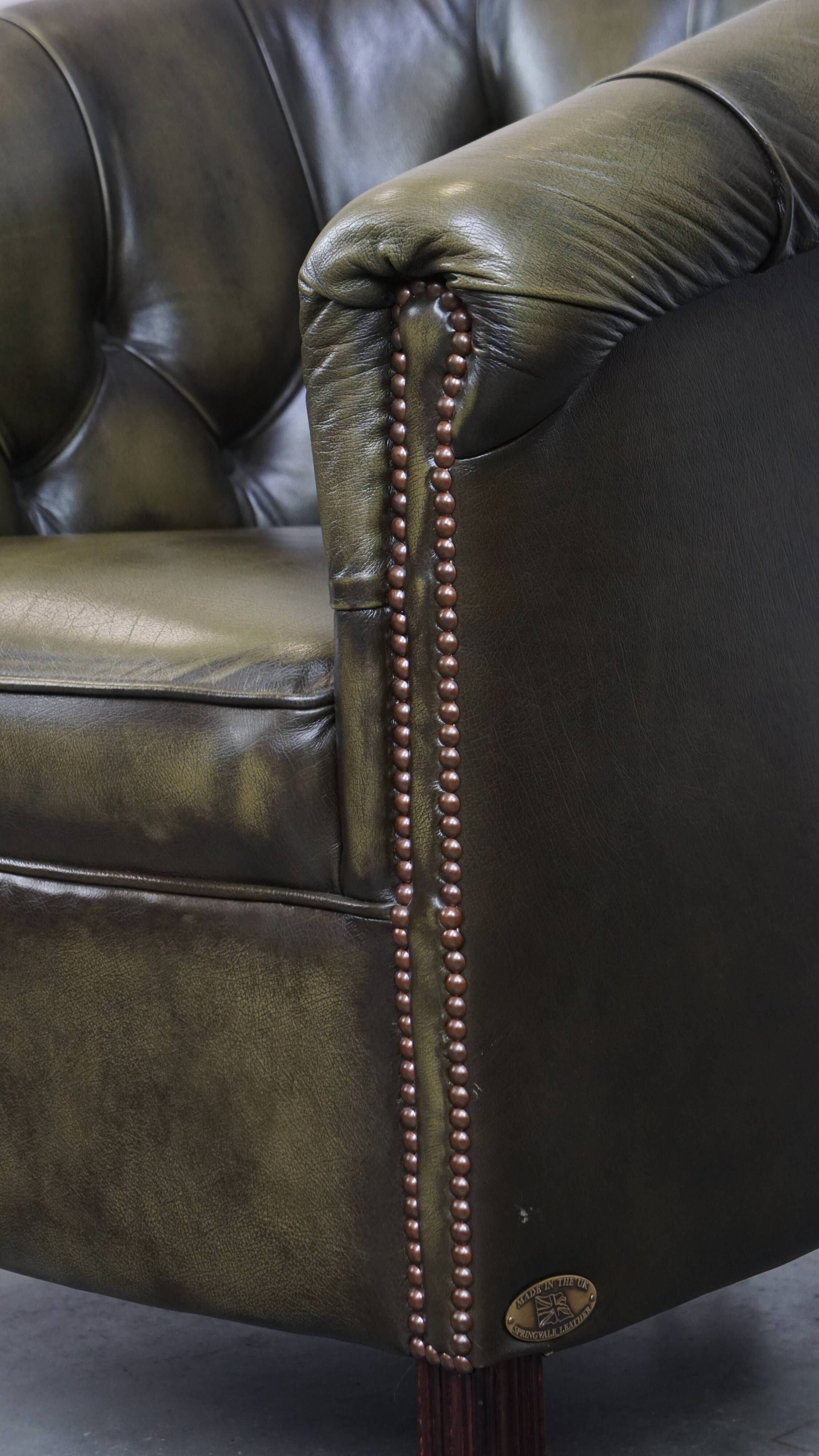 English Chesterfield club chair in olive green cowhide leather