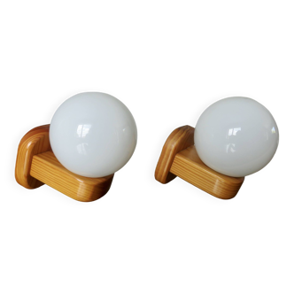 Pair of Scandinavian wall lights in pine and white opaline ball 1980