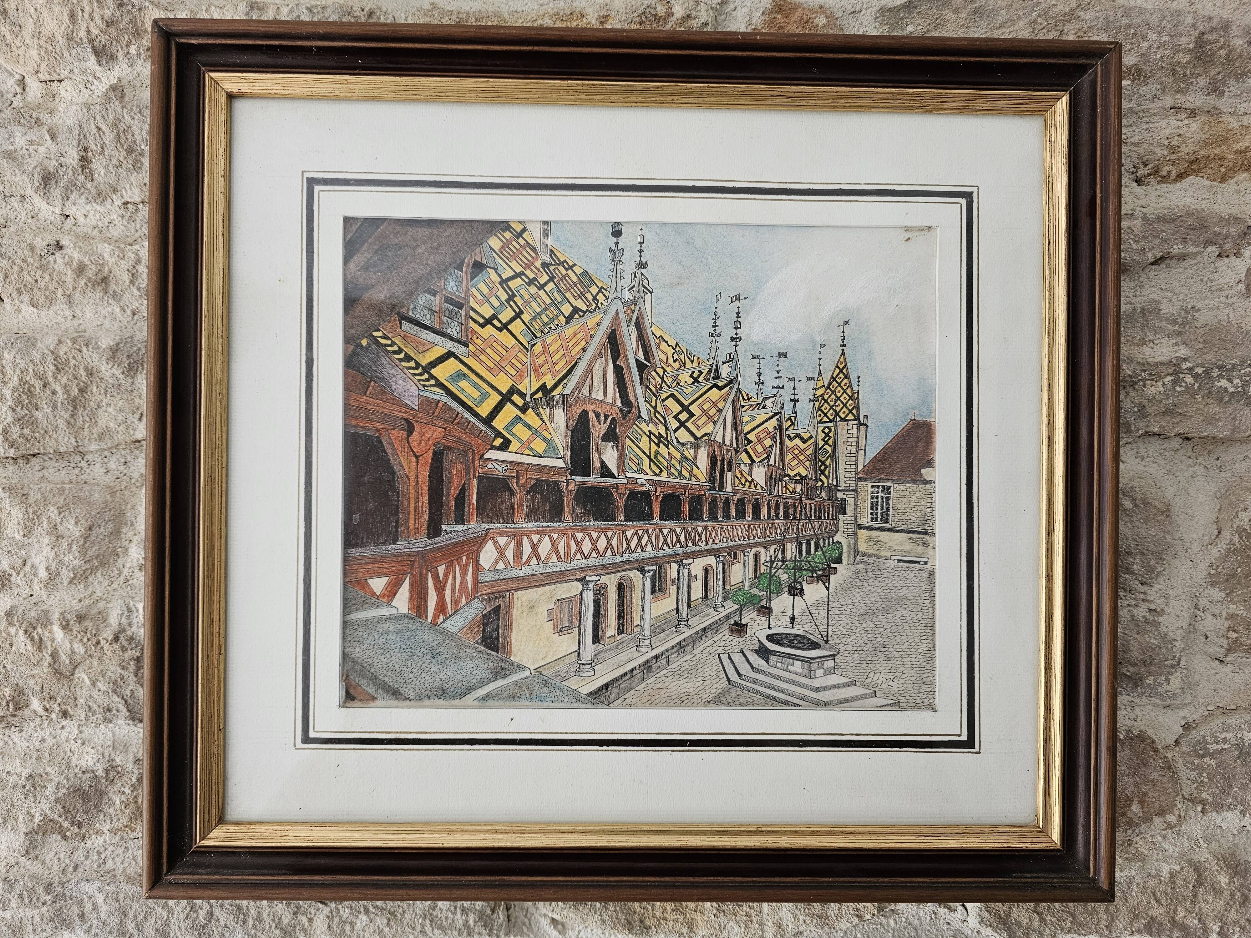 Tableau Ink and pastel - Beaune Hotel Dieu - E Poinet