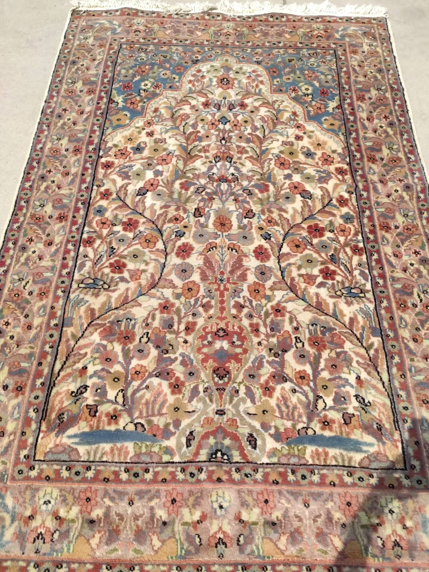 Persian Kashan carpet prayer shape beige te pink tree of life 193x122cm