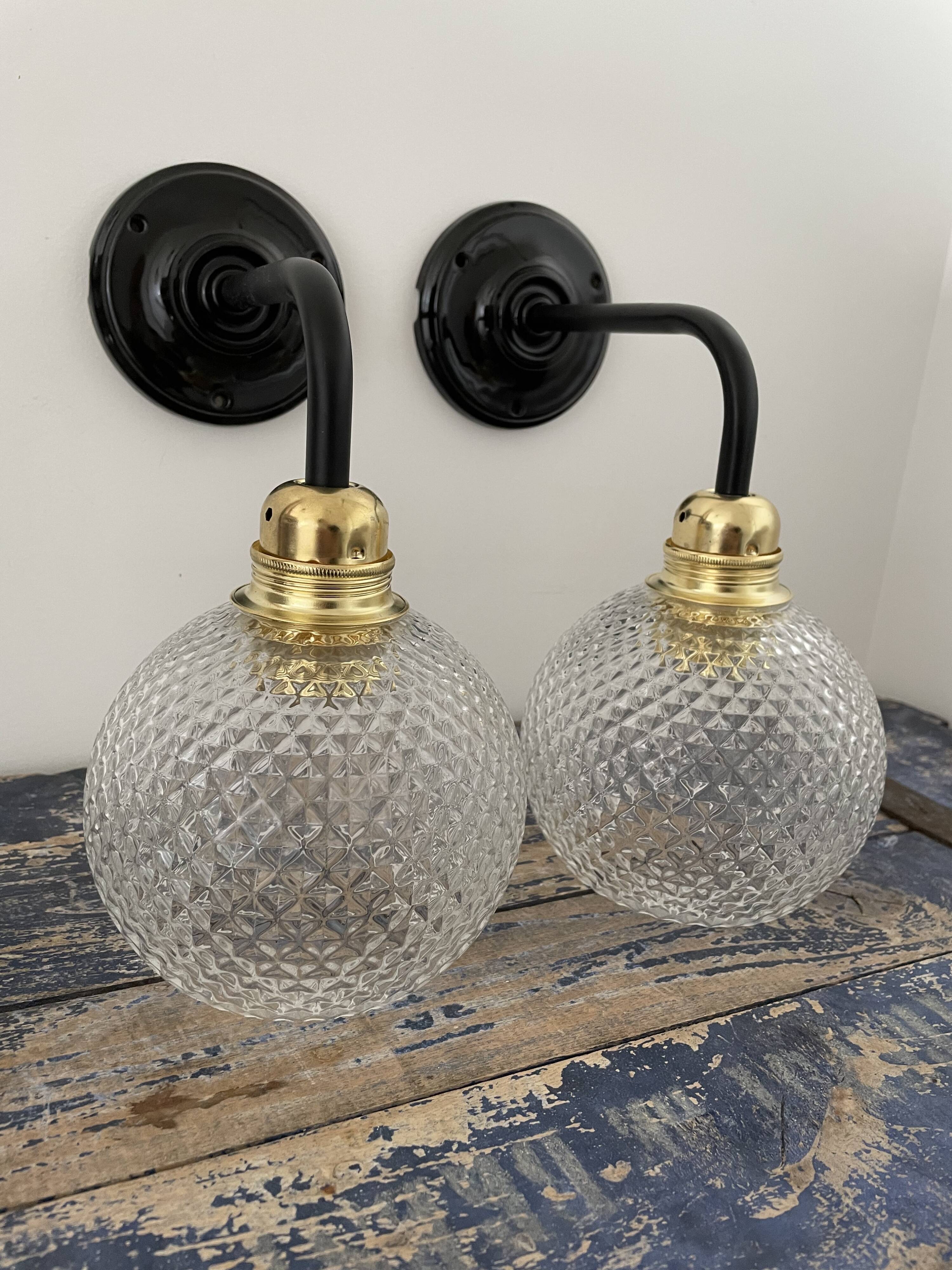Set of two vintage electrified electrified glass wall lamps
