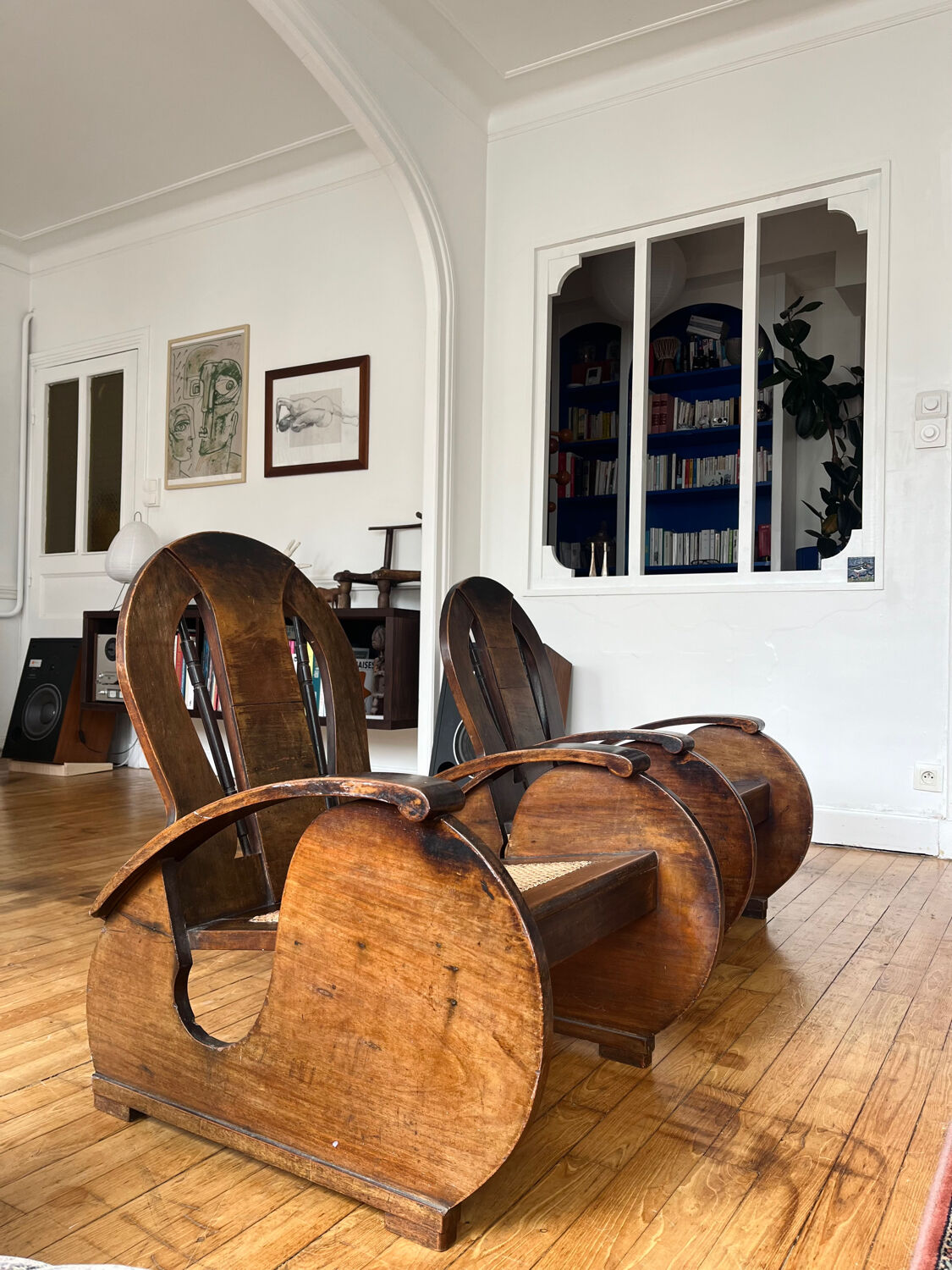 Pair of Art Deco armchairs in wood and cane.