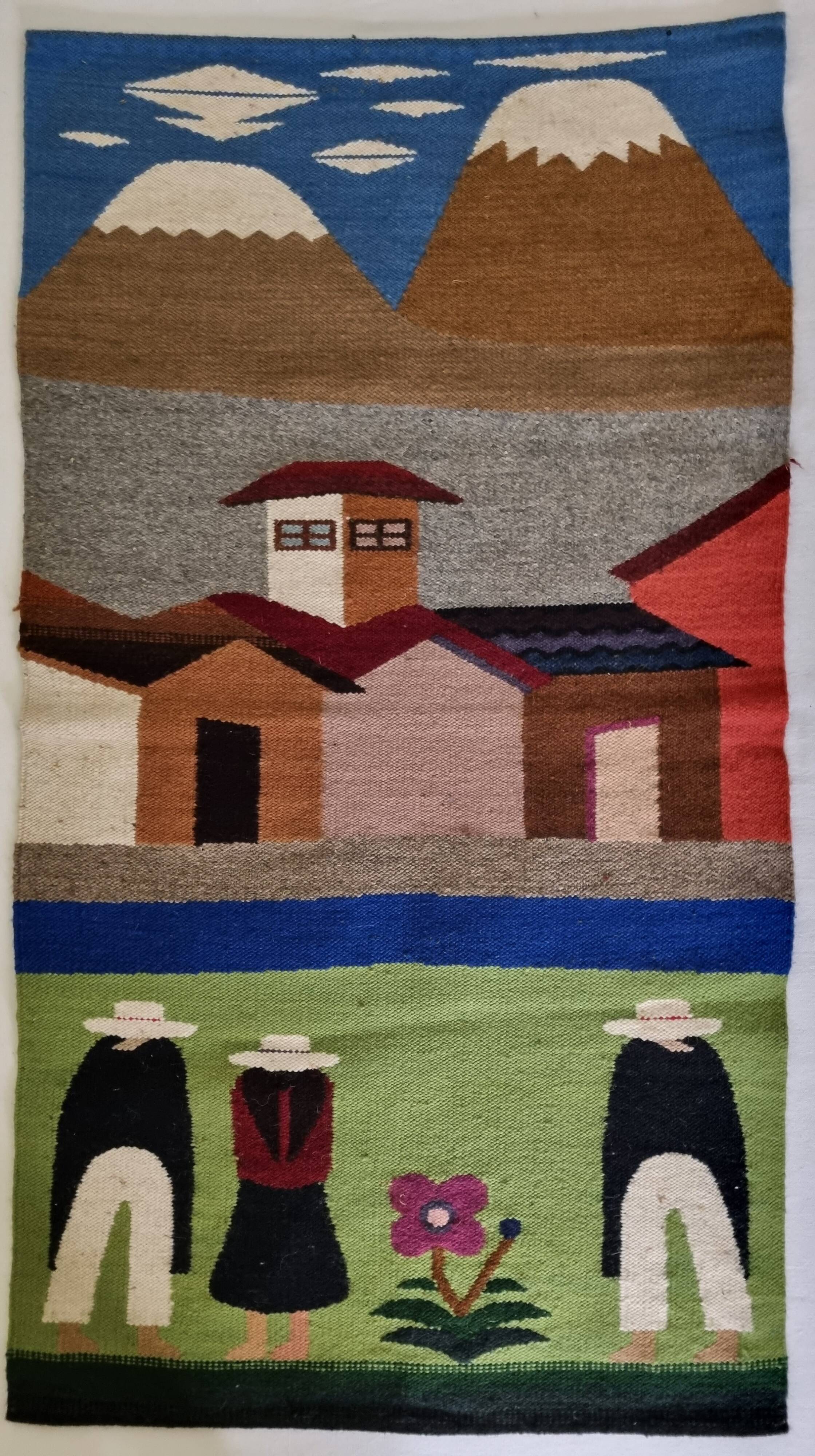 Tapisserie murale péruvienne tissée main, scène de village andin, 110 cm