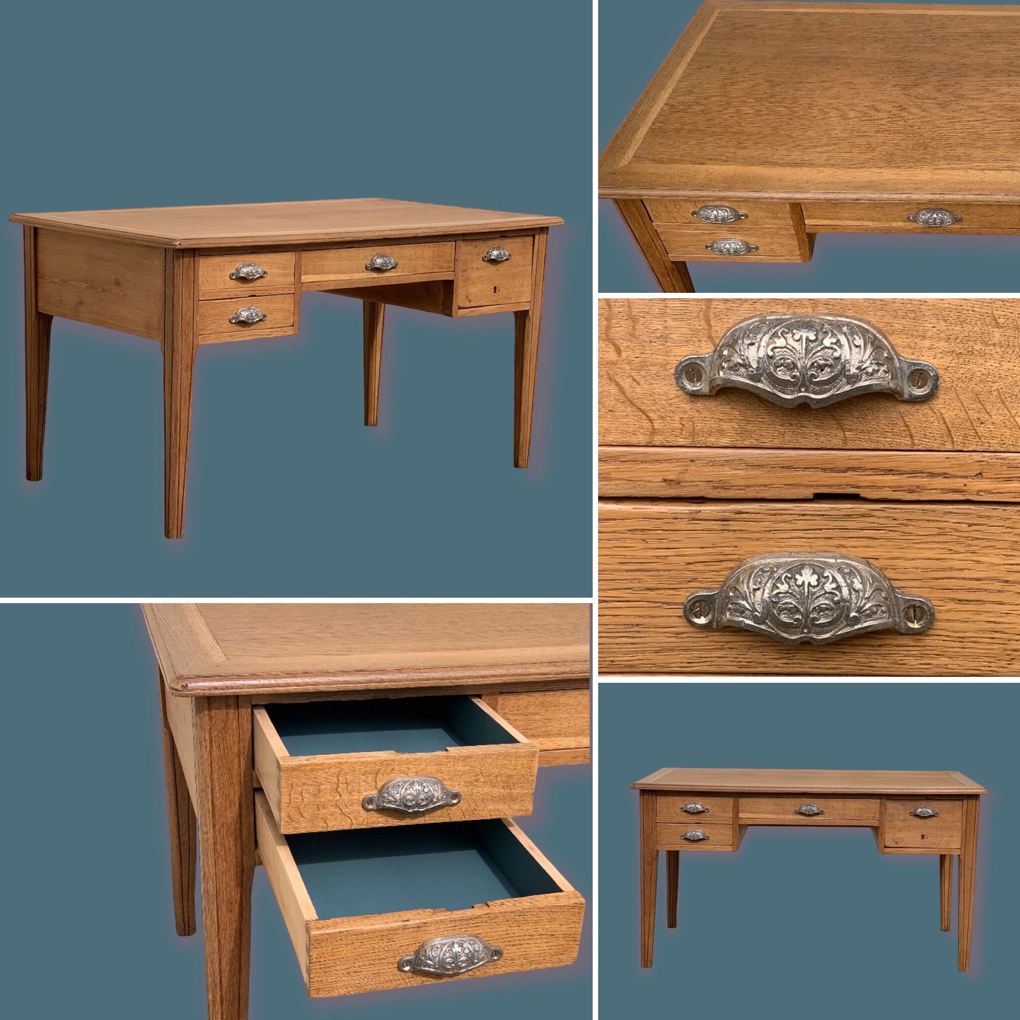 Solid desk in raw oak handles art deco shells