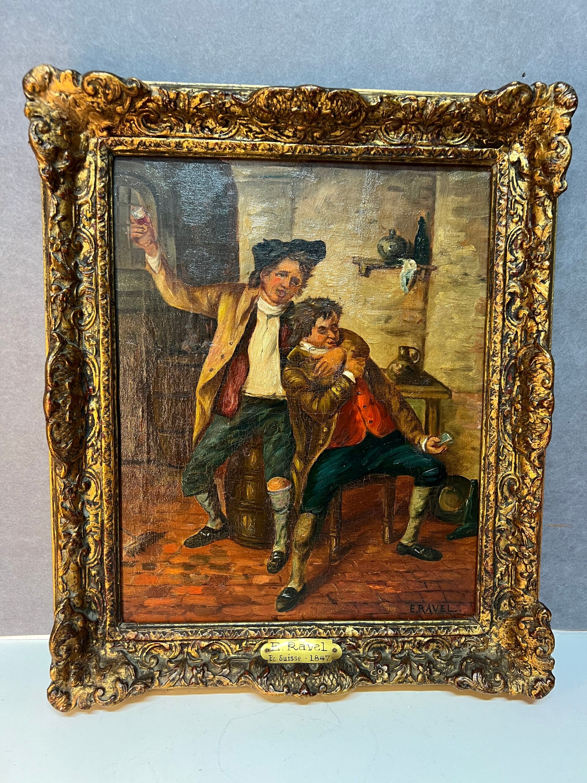 Edouard John E. Ravel is an artist born in Switzerland in 1847 and died in 1920, HST tavern scene