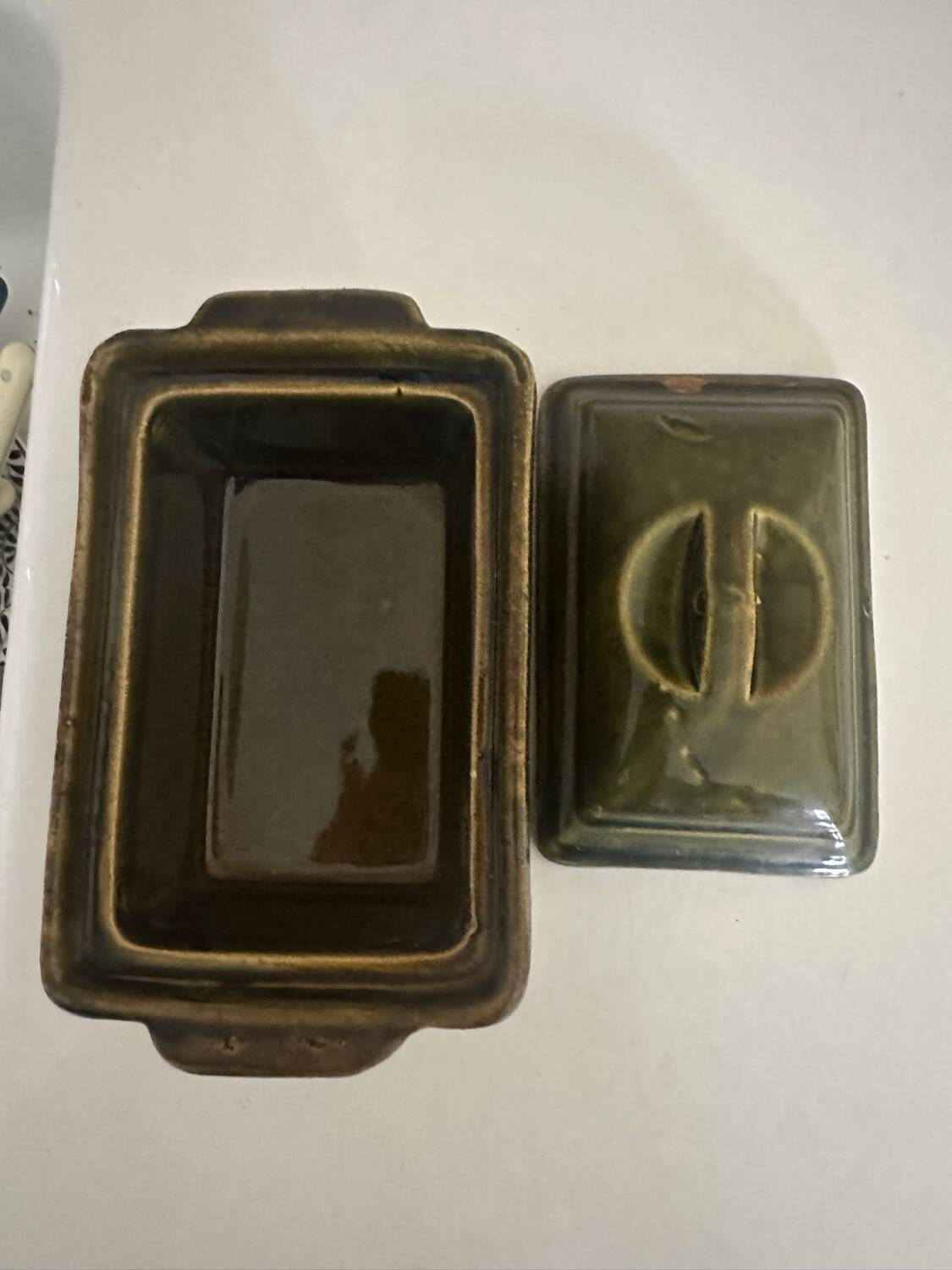 Vintage green majolica butter dish