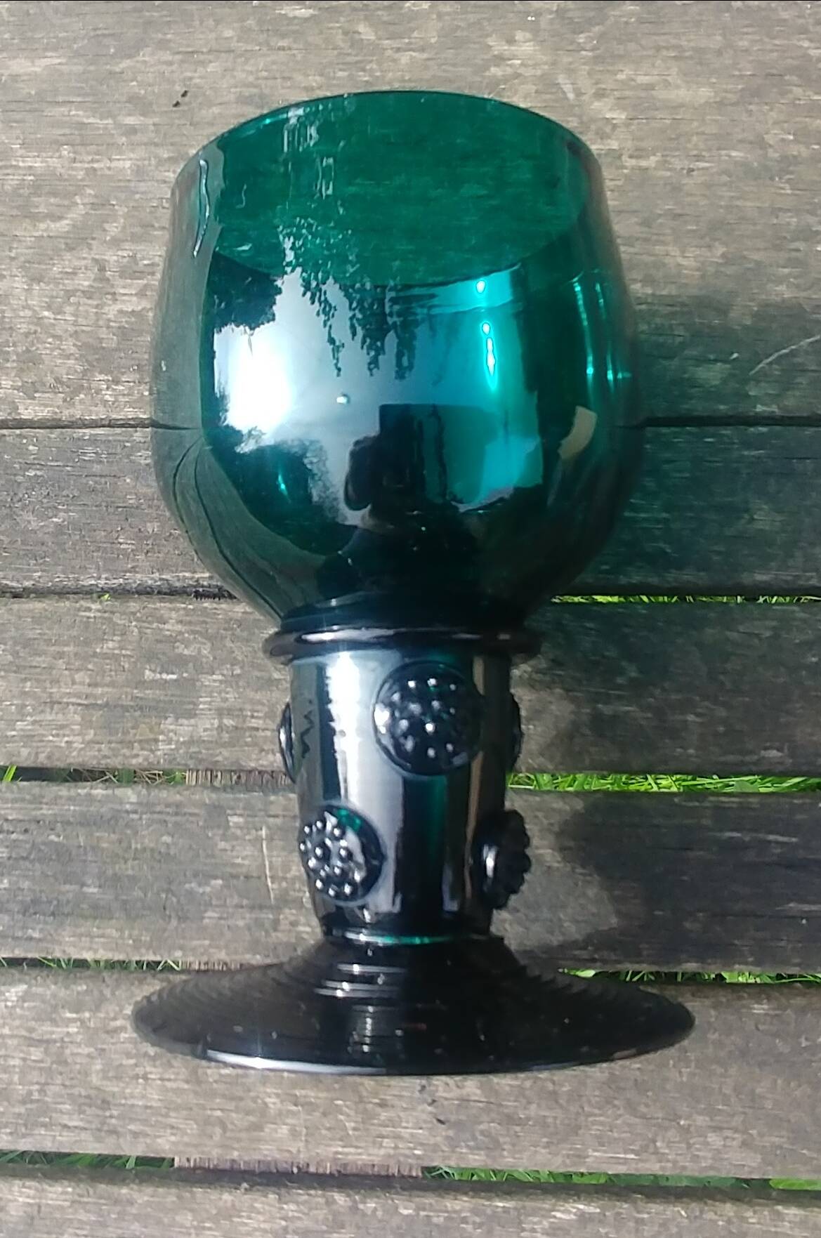 Six Roemer glasses in green blown crystal with "pastilles" decoration