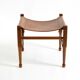 Rare 1990s safari stool with a teak frame and a seat made of brown saddle l