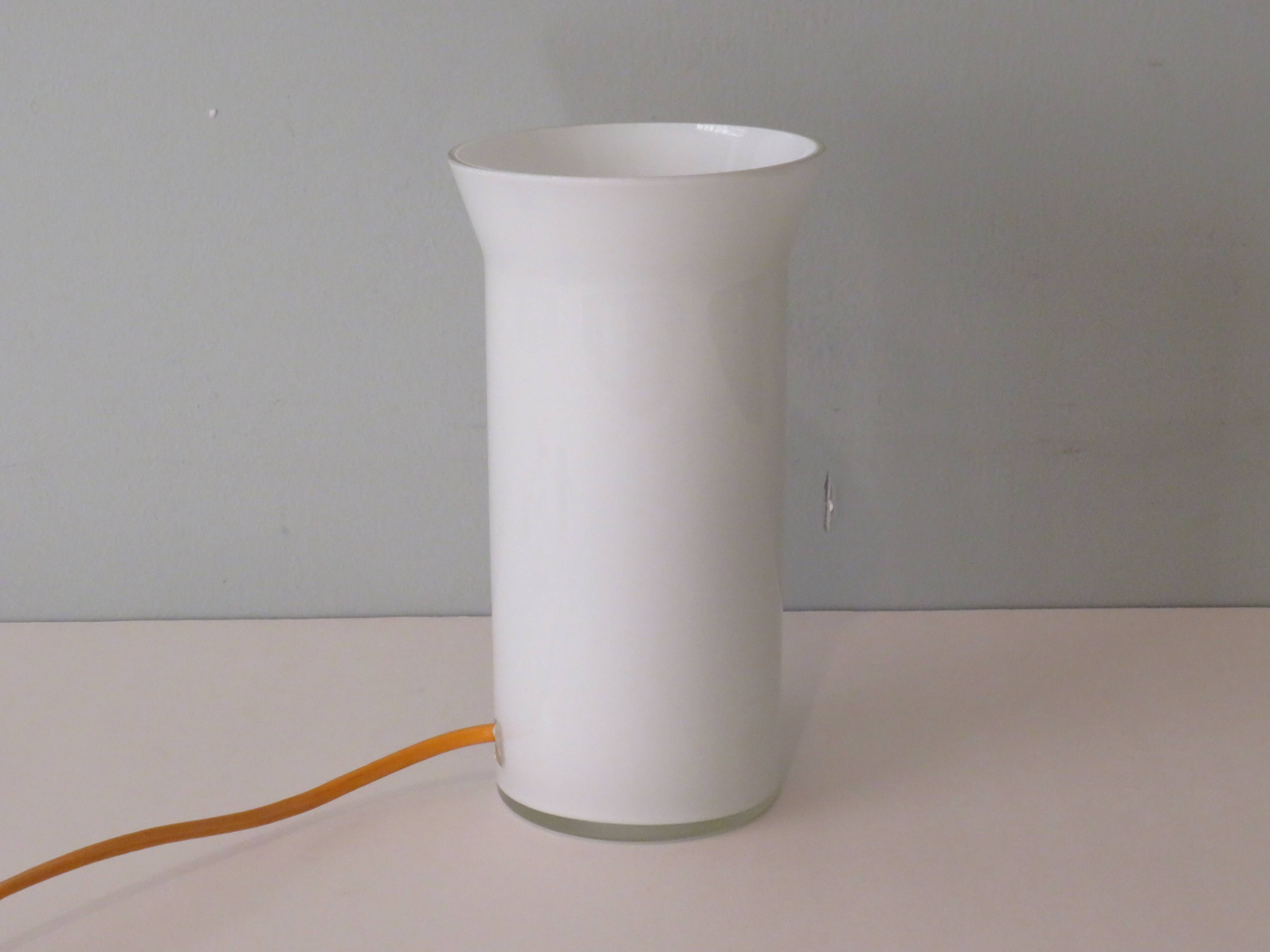 Memphis style white opaline cylindrical table lamp, 1970-1980