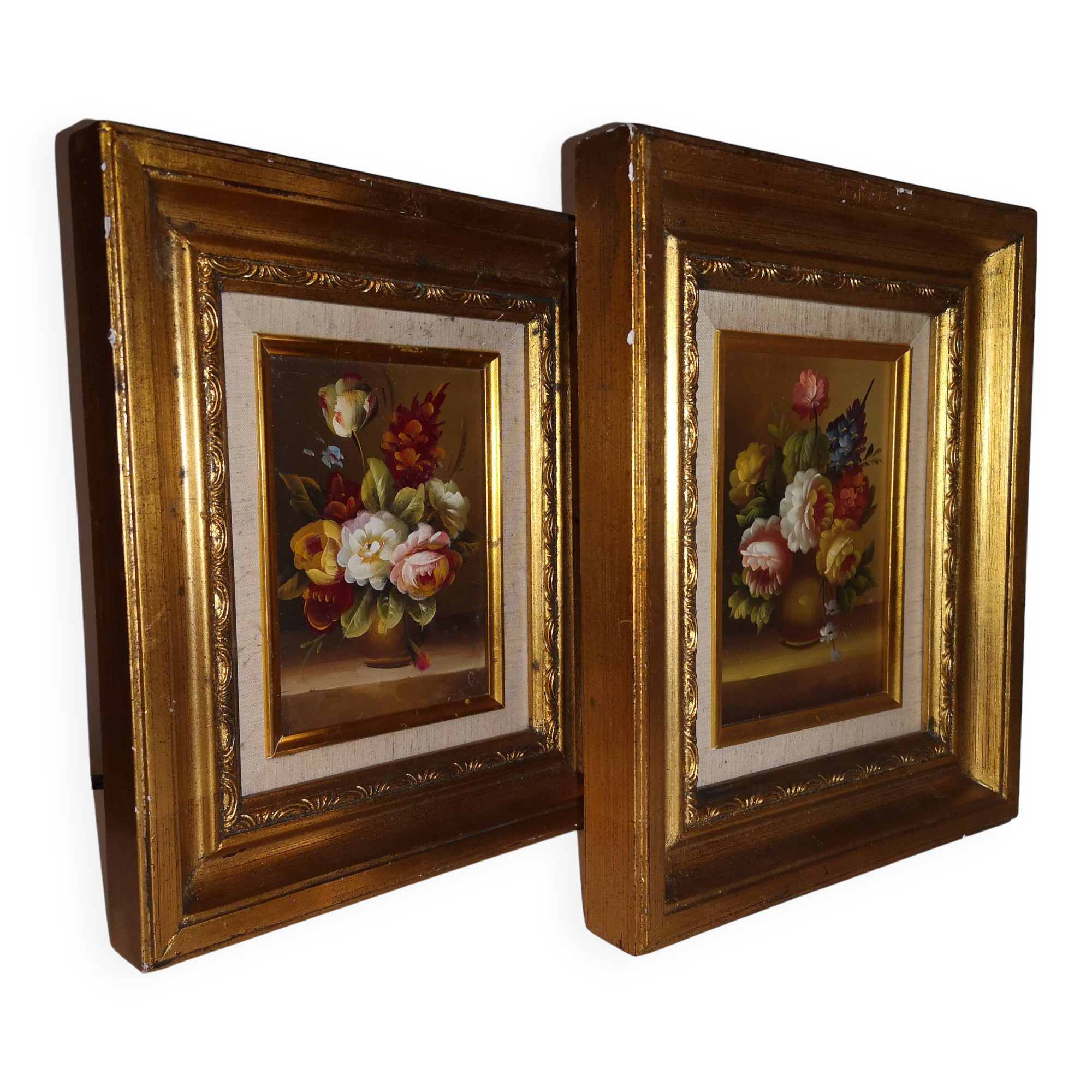 Paire de tableau nature morte sur bois bouquet de fleurs vintage