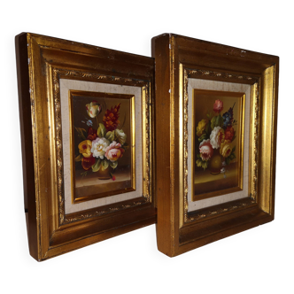 Paire de tableau nature morte sur bois bouquet de fleurs vintage