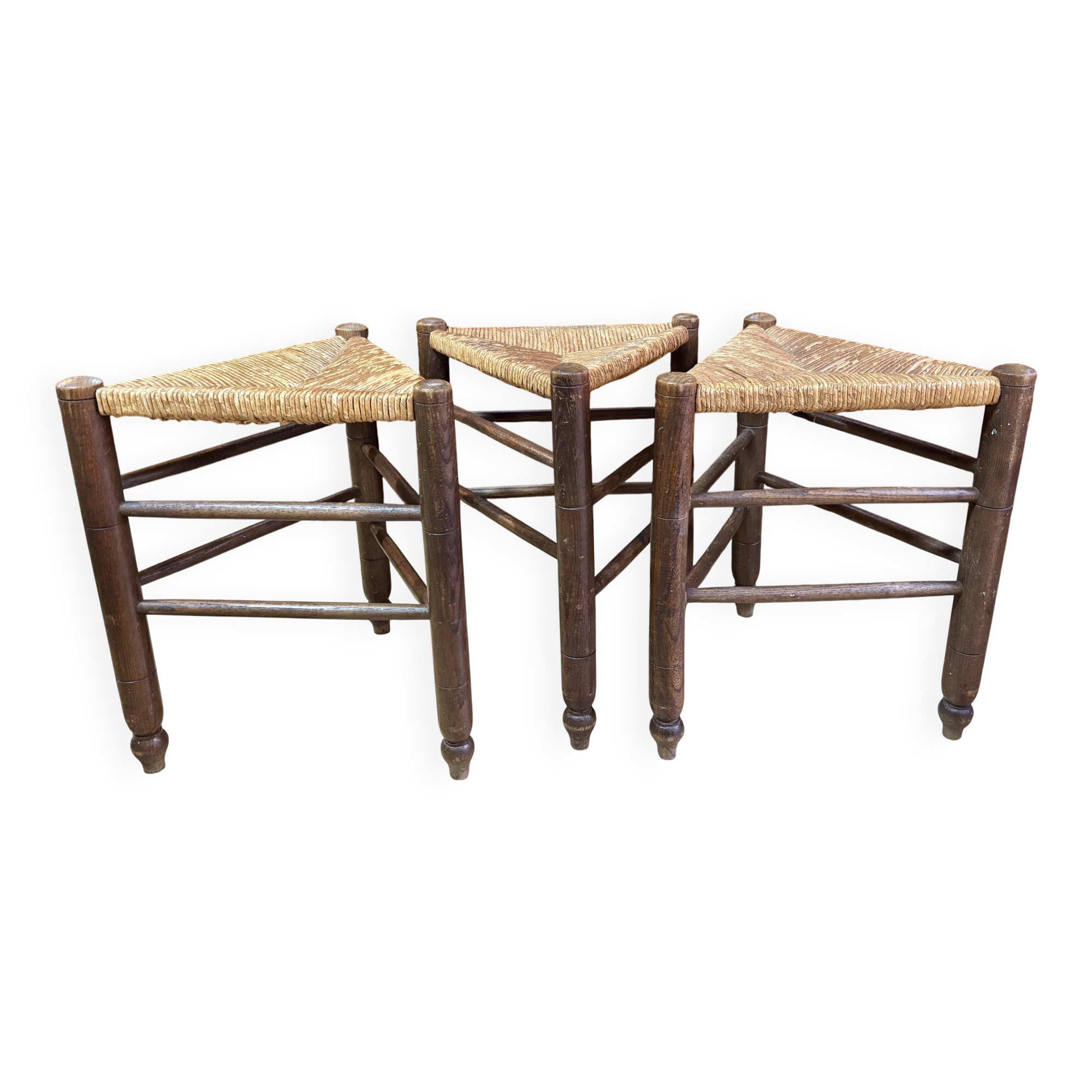 Série de 3 tabourets tripodes bois et paille