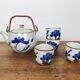 teapot and 4 cups in glazed stoneware - hand-painted blue décor