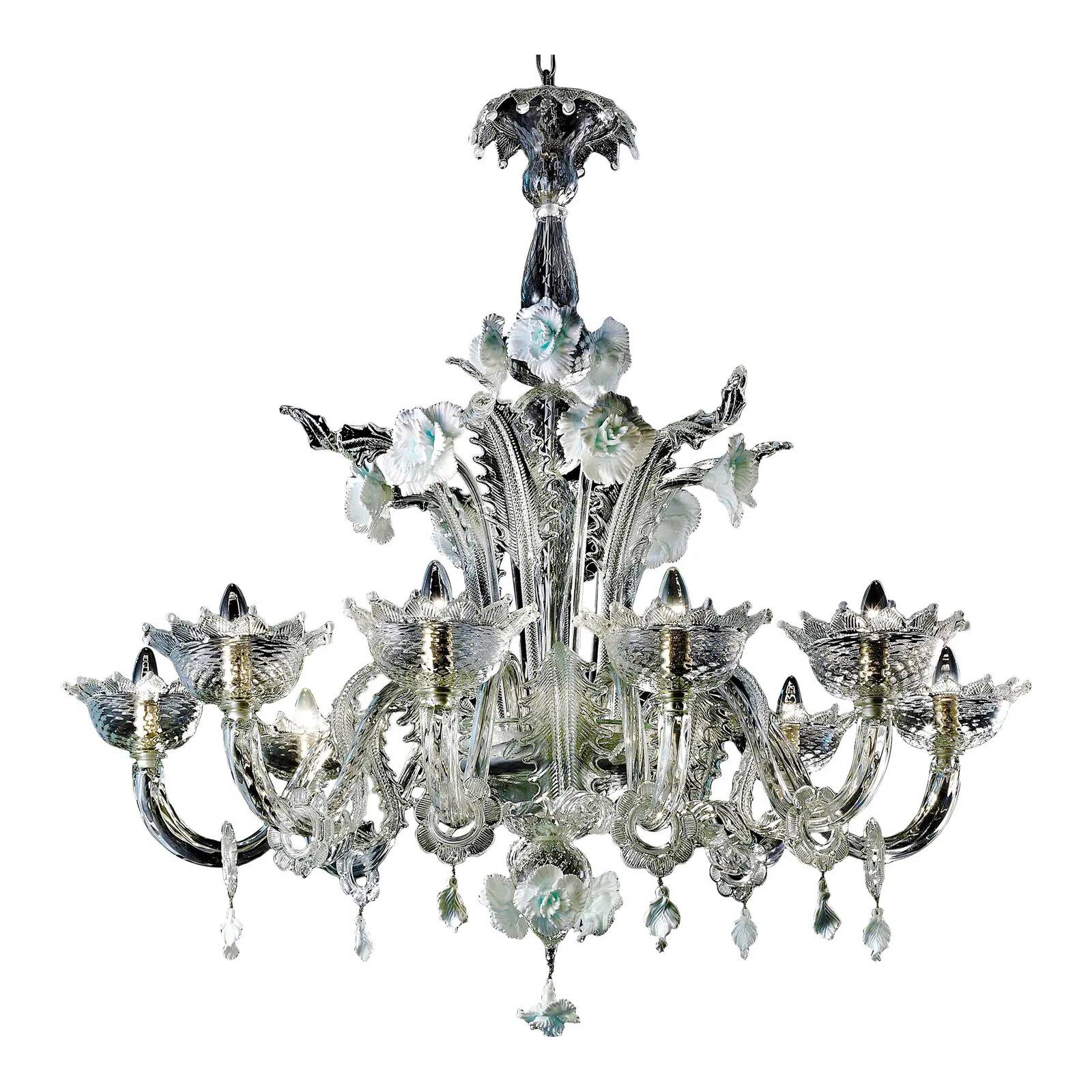 Luxury Romantic Venetian Floral Murano Glass Chandelier in White & Clear