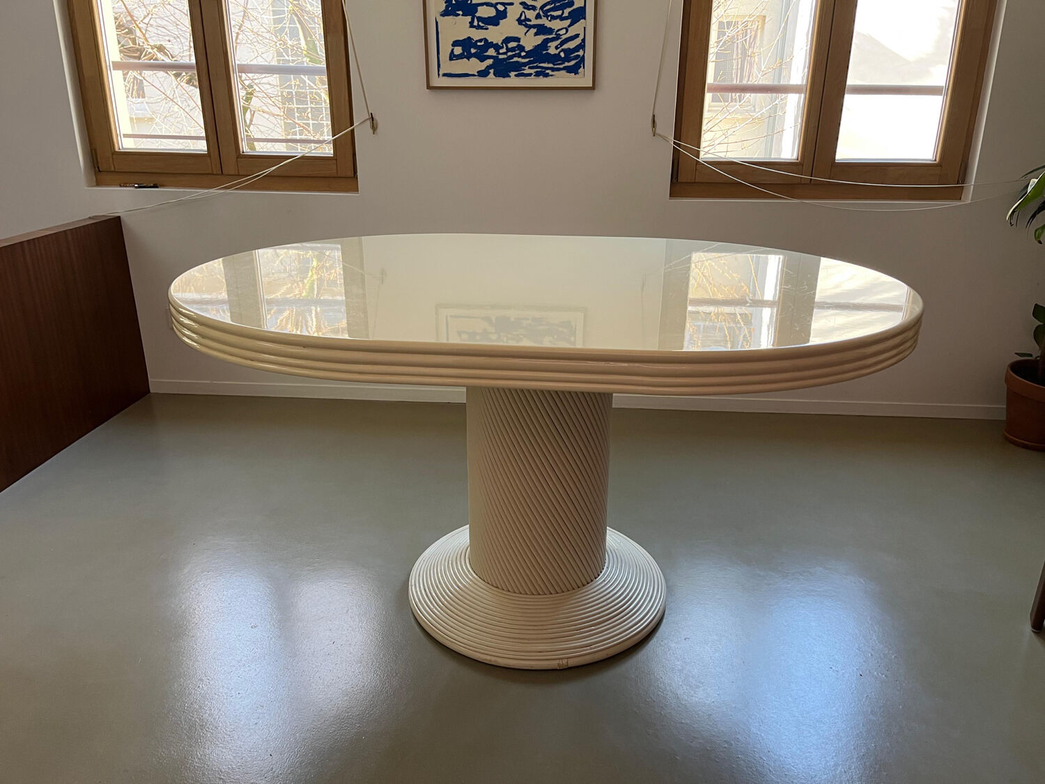 Vintage table, beige lacquered top and bamboo legs.