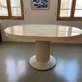 Vintage table, beige lacquered top and bamboo legs.