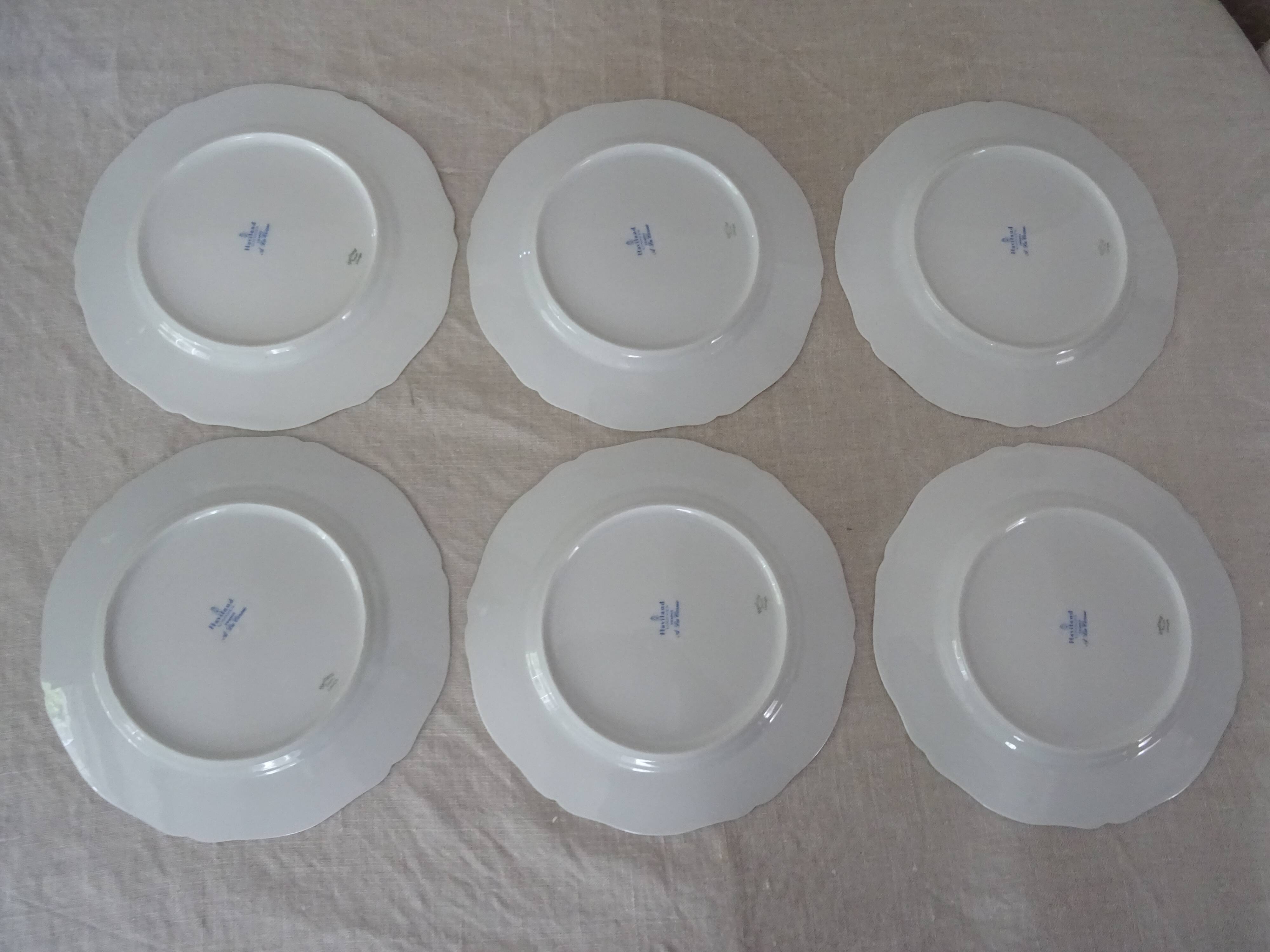 6 flat plates and 1 round dish haviland limoges with green and gold horn