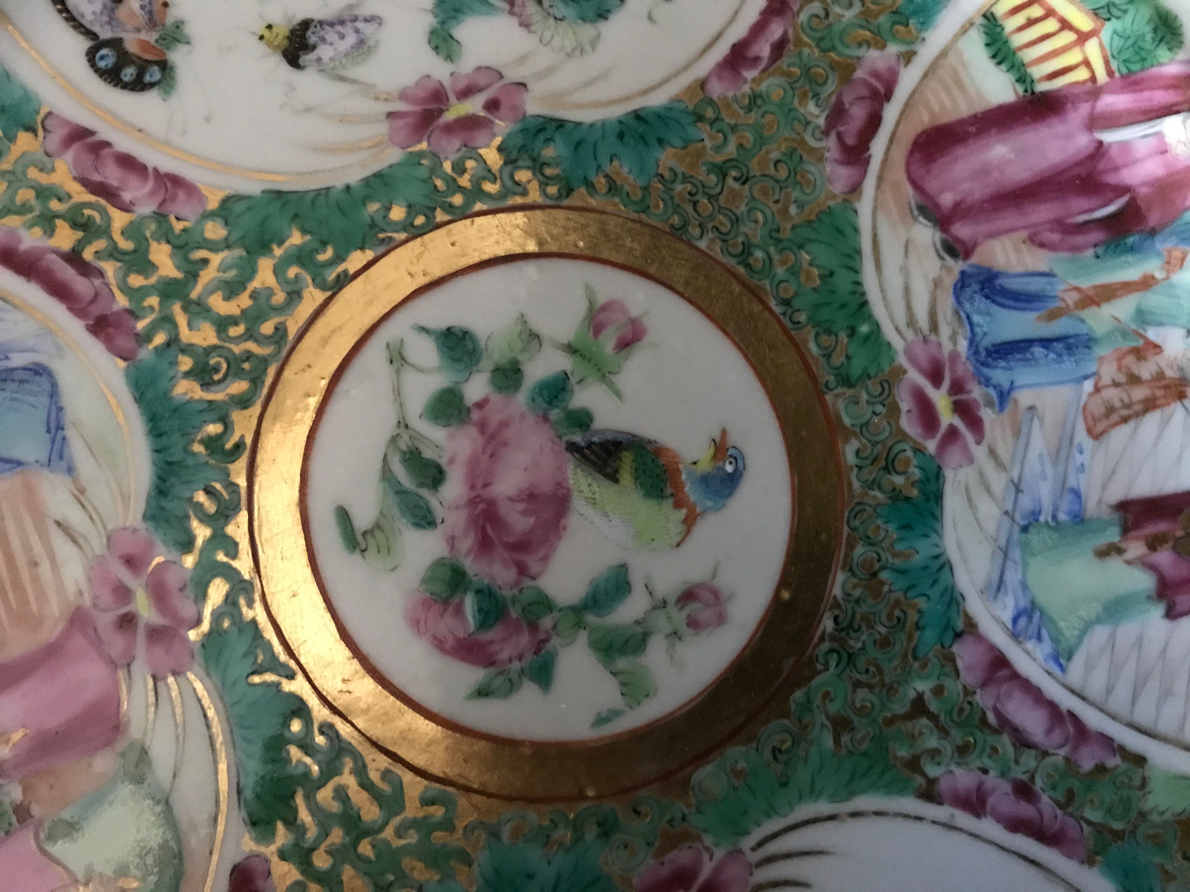 Canton porcelain plate - Character and Bird Decoration - China - 19th Century
