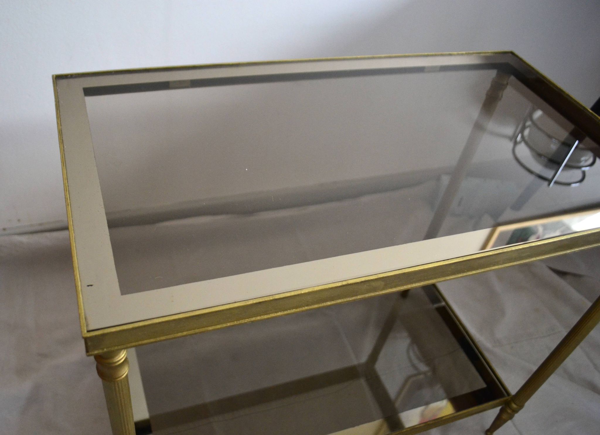 Side table, low table, gold brass, smoked glass, 70s.