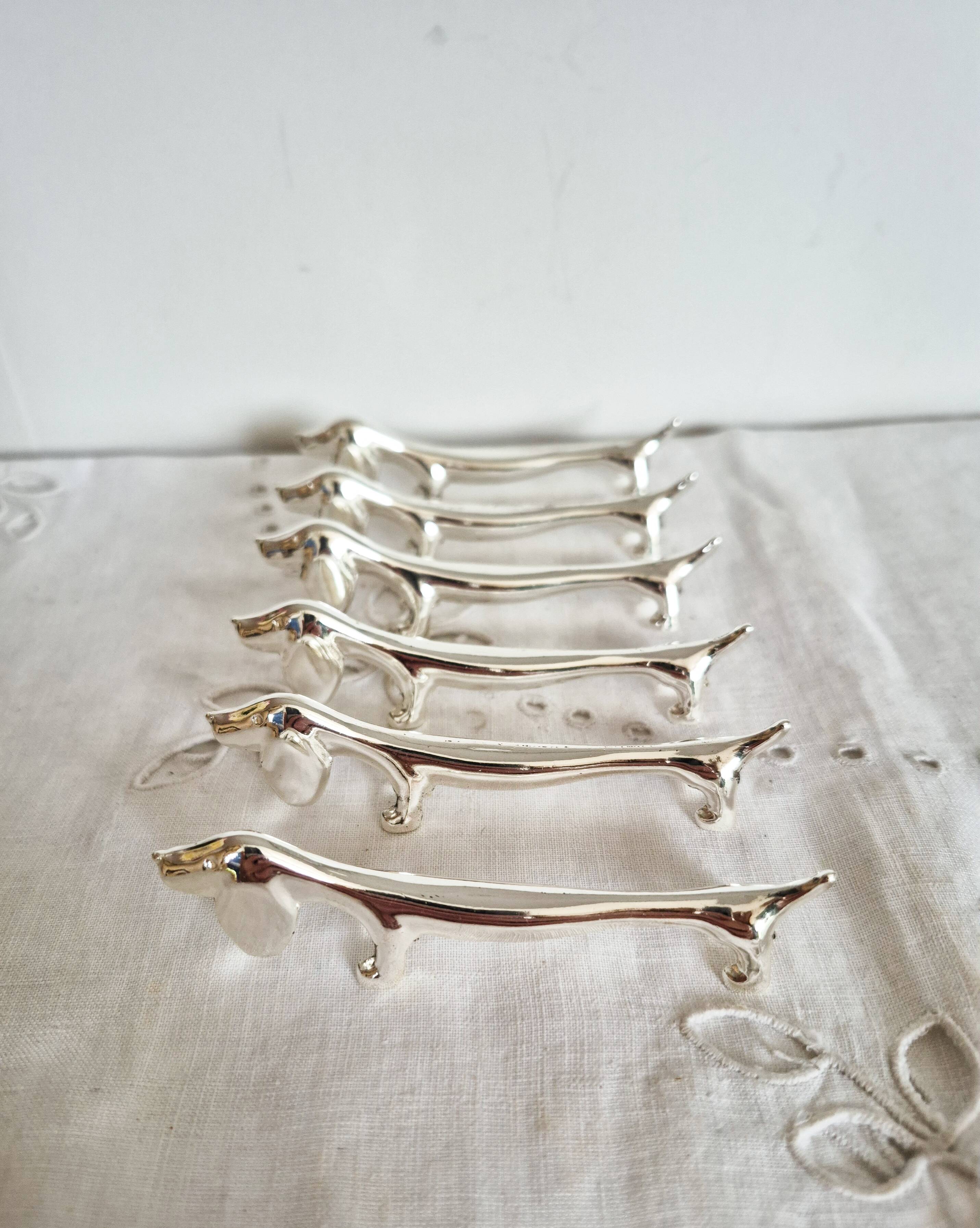 Silver-plated metal dachshund knife rest, 1950s
