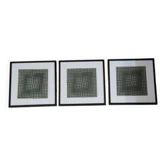 Trio Vintage Optical Art Tableaux - Victor Vasarely - Frames 40x40cm