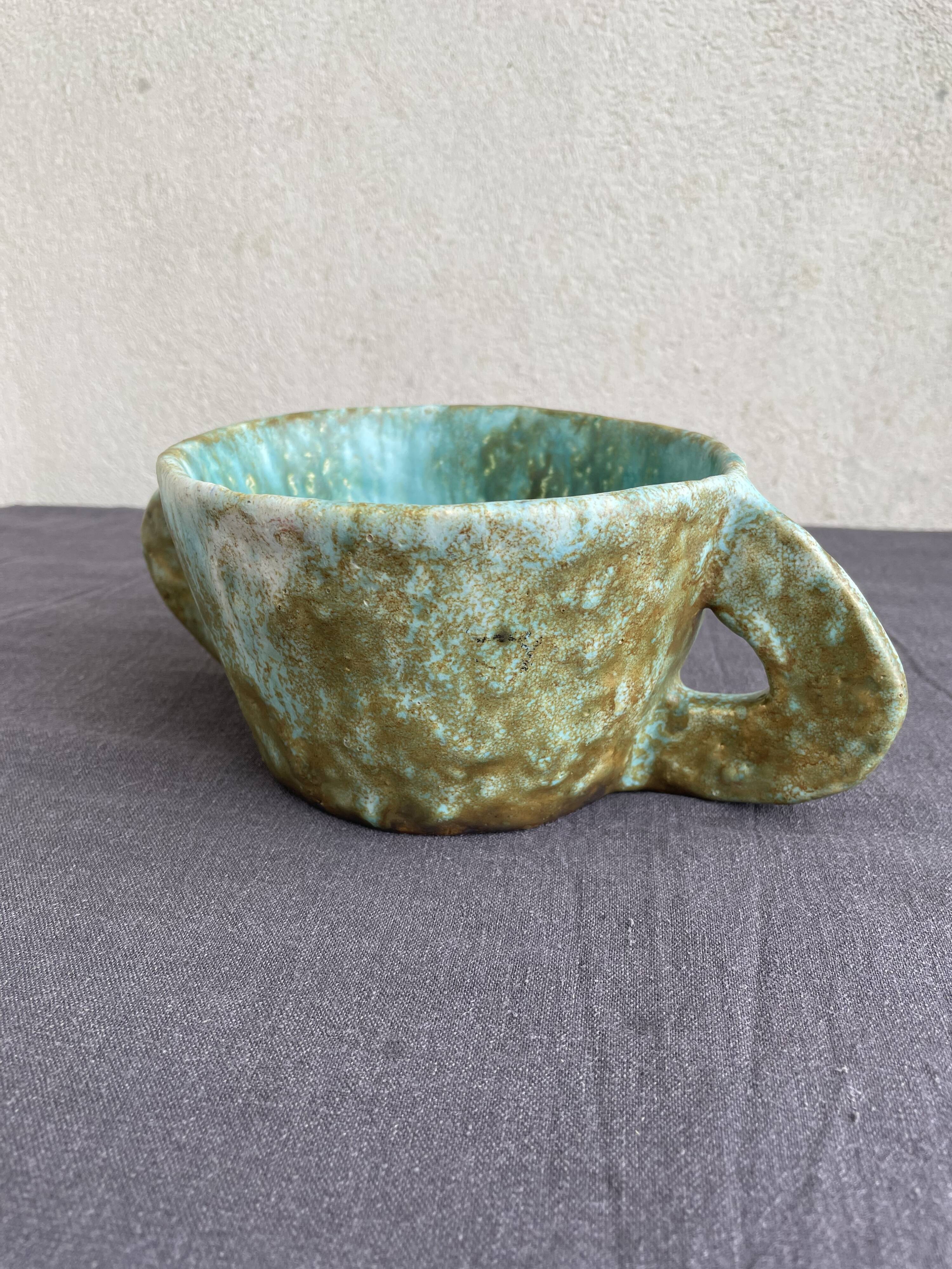 Stoneware bowl with handles, signed handmade ceramic.