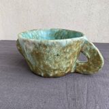 Stoneware bowl with handles, signed handmade ceramic.