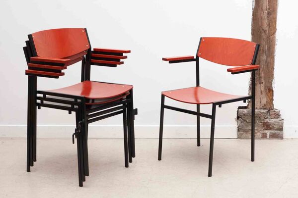 Chaises Gijs van der Sluis rouge et noir avec accoudoirs