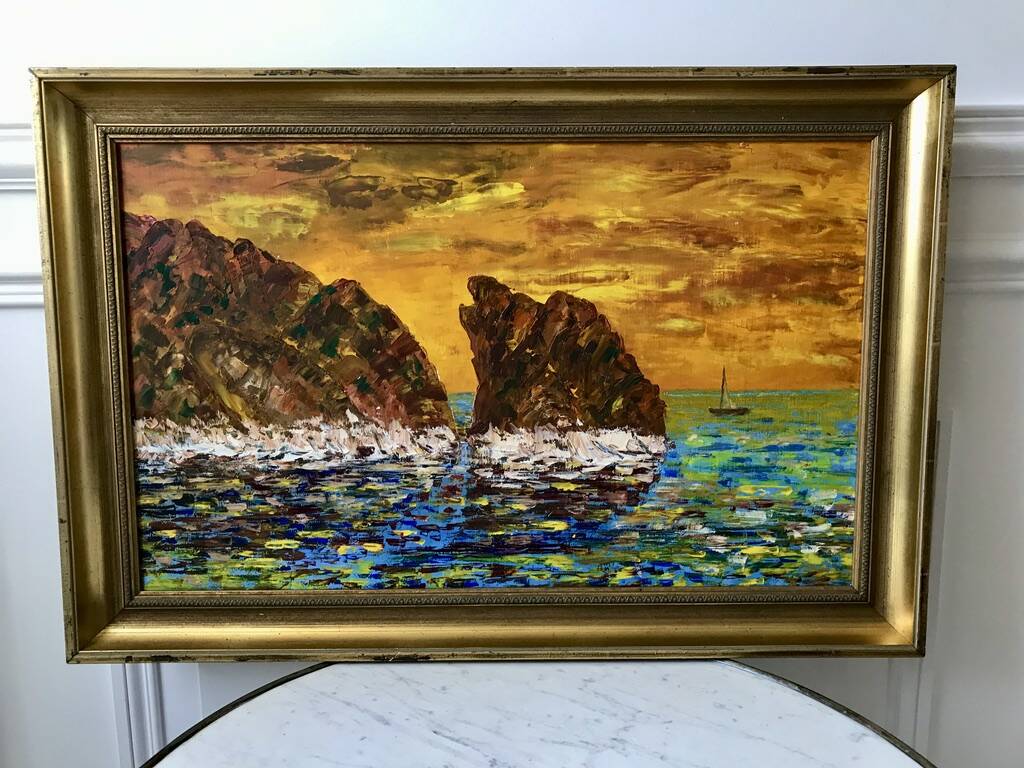 Oil painting on canvas landscape sunset framed vintage
