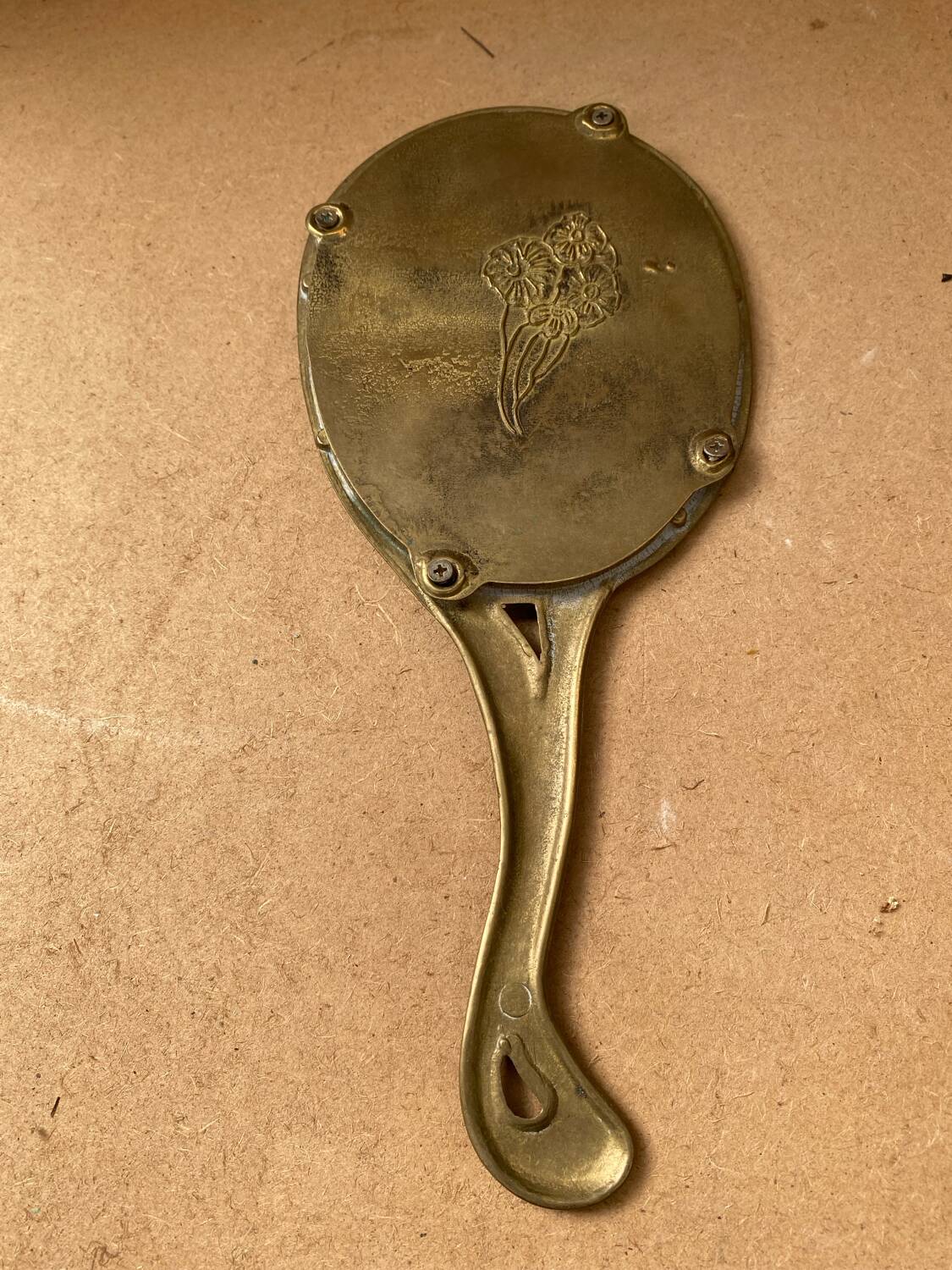 Antique art nouveau mirror face a main gilded bronze vintage flower decor