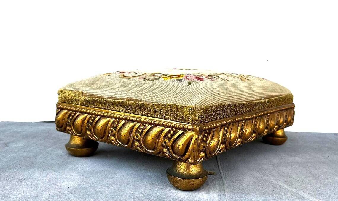 Empire Foot Stool With Petit Point Standing on Ball Feet Needlepoint Decor