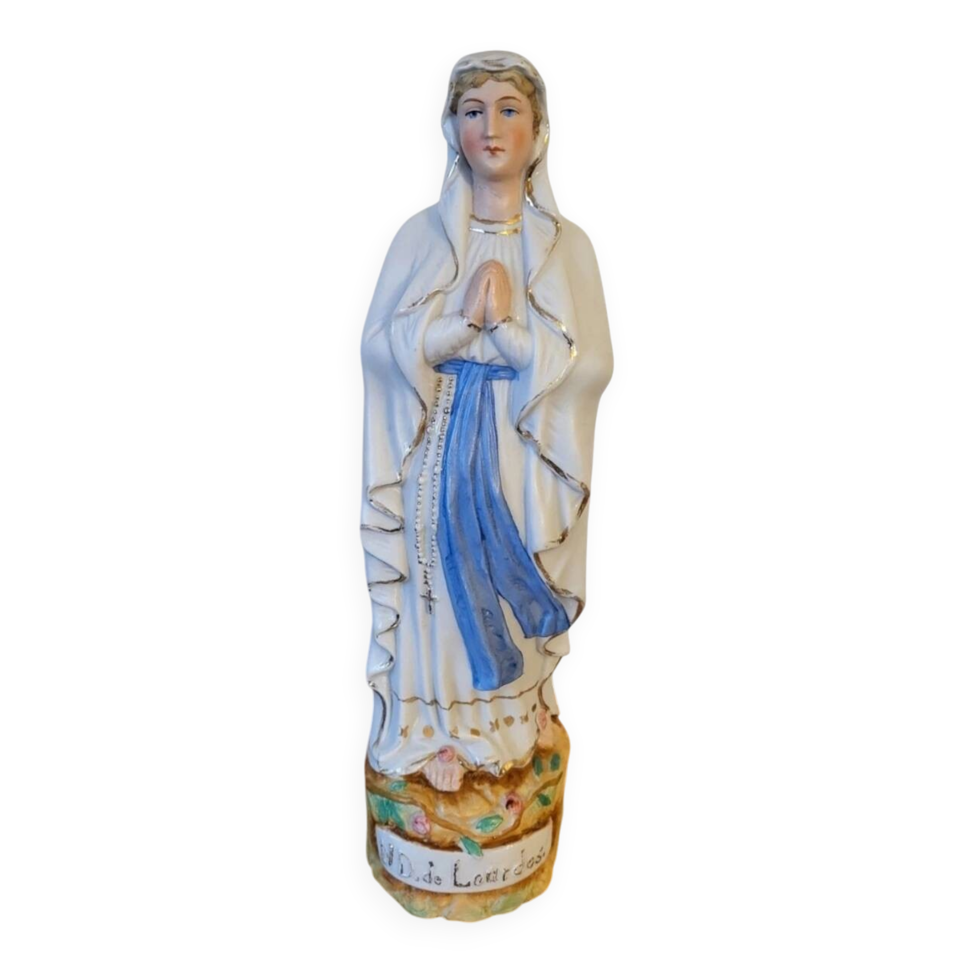 Religious statuette of the Virgin Mary in bisque porcelain