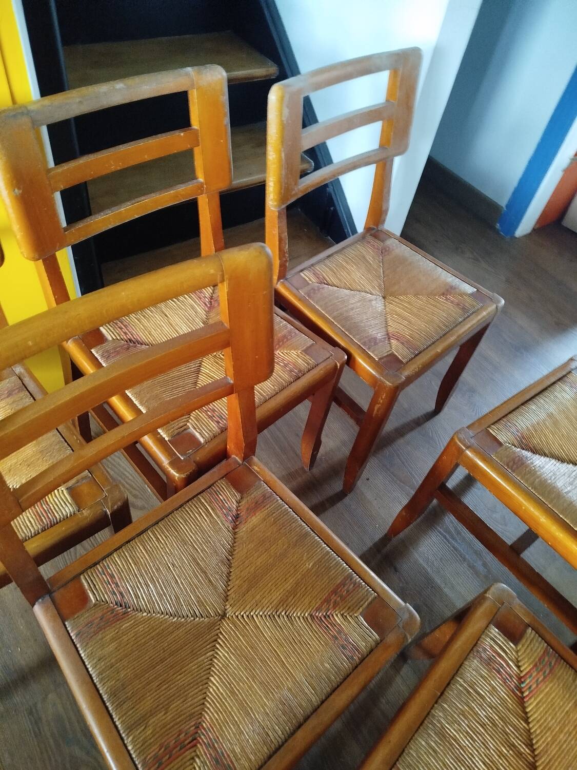 Set of 6 vintage straw chairs – Pierre Cruège – 1950s