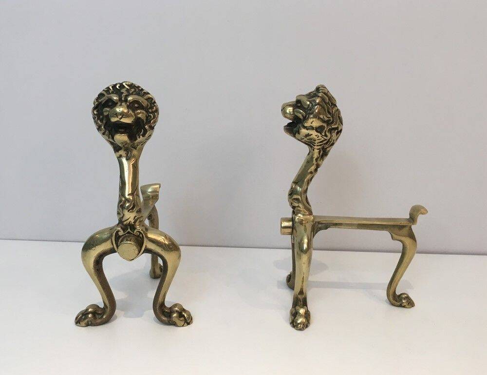 Pair of bronze andirons with lions