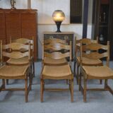 Set of 6 oak dining chairs with rush seat and 'Echelle' backrest in the style of Guillerme et Chambron 1950s