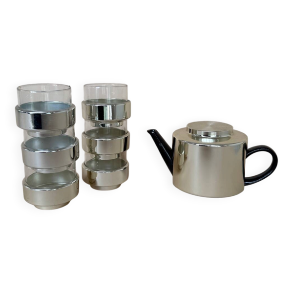 Ensemble vintage moderniste de 6 tasses à café/thé en verre avec théière en céramique.