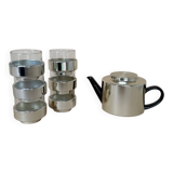 Vintage Modernist Set Of 6 Glass Coffee/Tea Cups With Ceramic Teapot