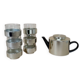 Ensemble vintage moderniste de 6 tasses à café/thé en verre avec théière en céramique.