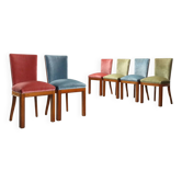Vintage chairs in beech, walnut, and velvet, Italian design from the 1950s.