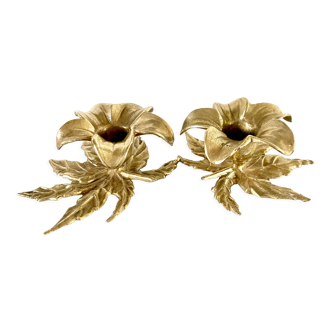 Pair brass flower candle holders