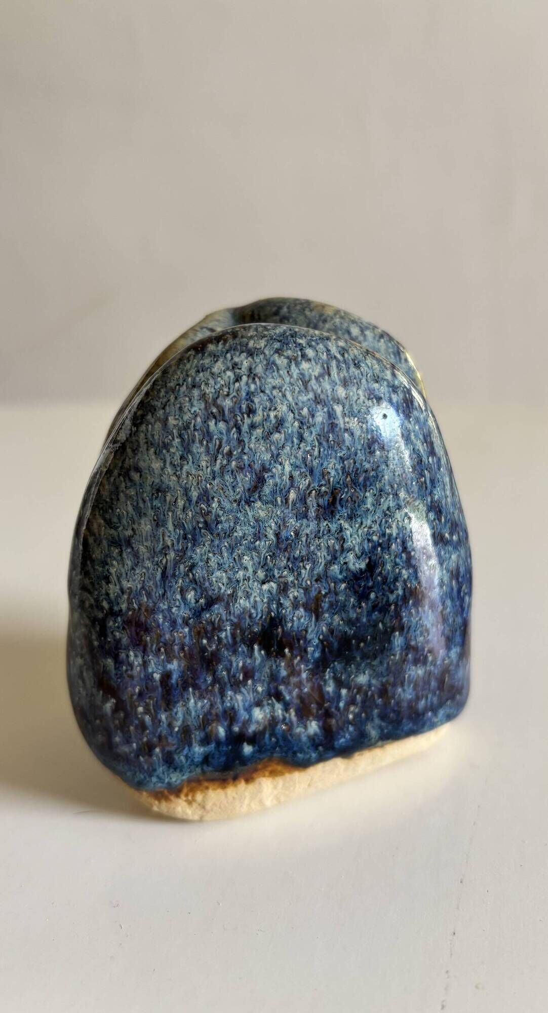 Miniature owl figurine in raku ceramic by Annie Maume, Vintage 1970.