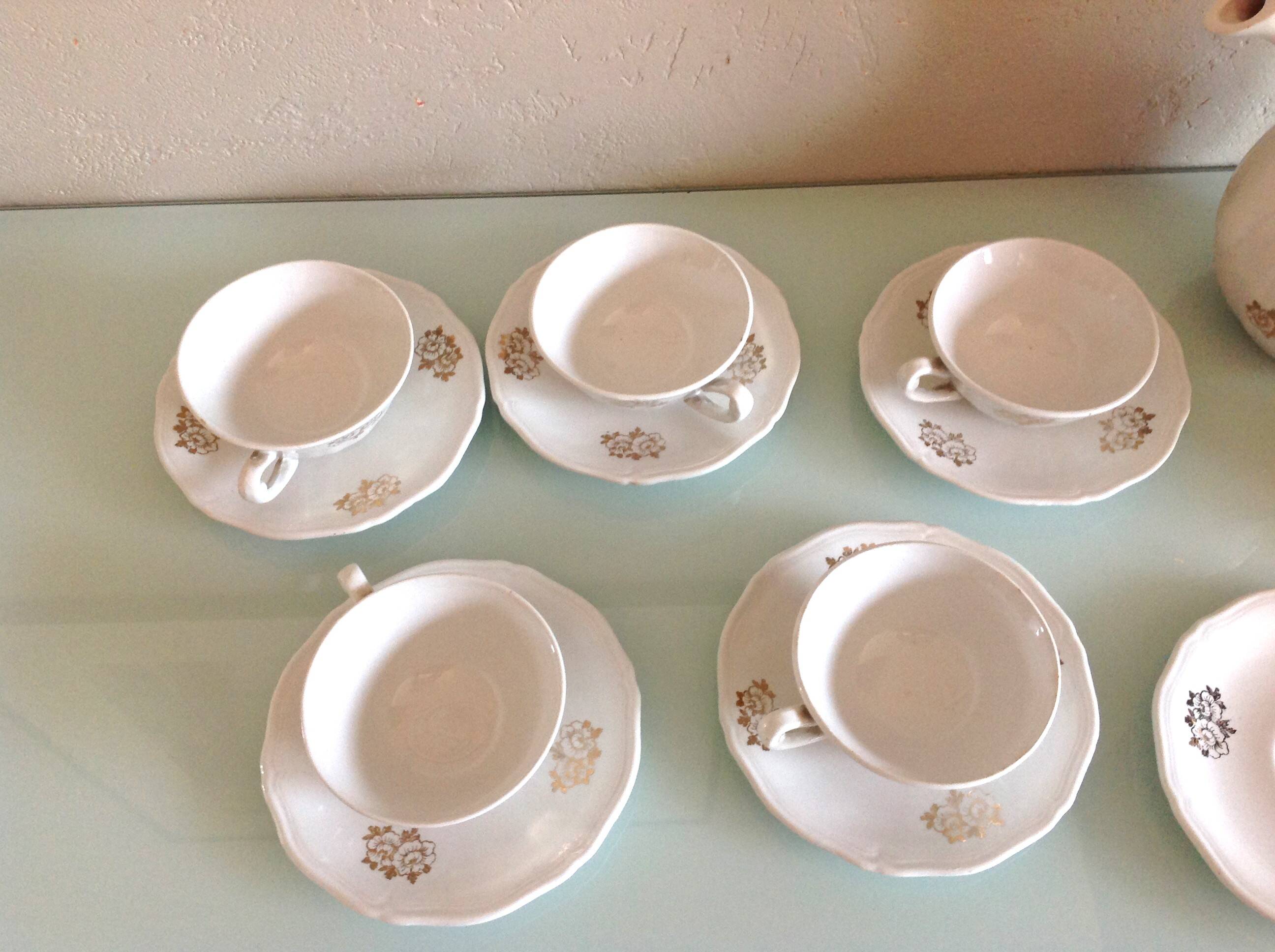 White porcelain coffee service with golden flowers / vintage 50s-60s