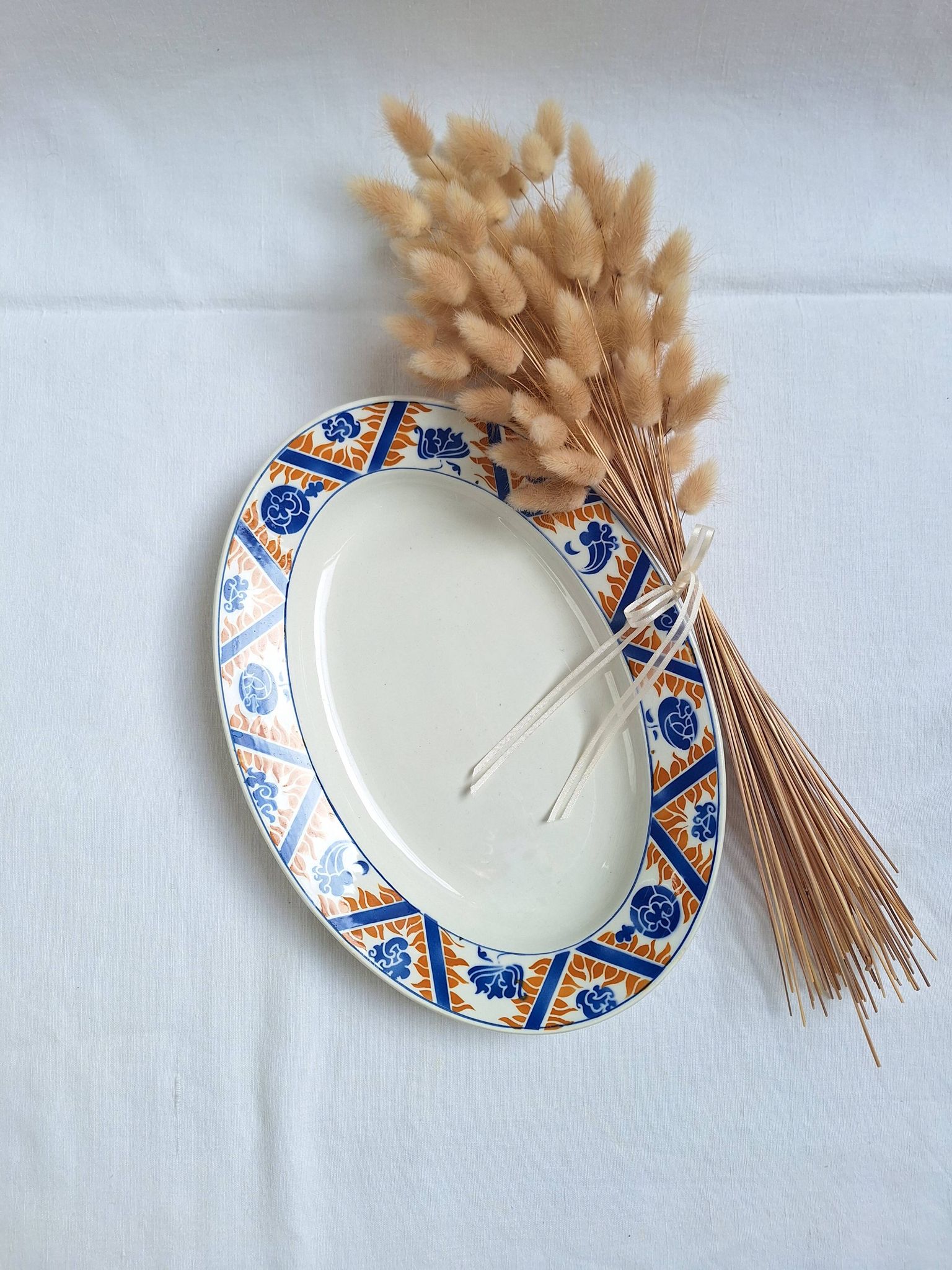 Oval dish Moulin des Loups Canada blue and orange Art Deco/Art Nouveau