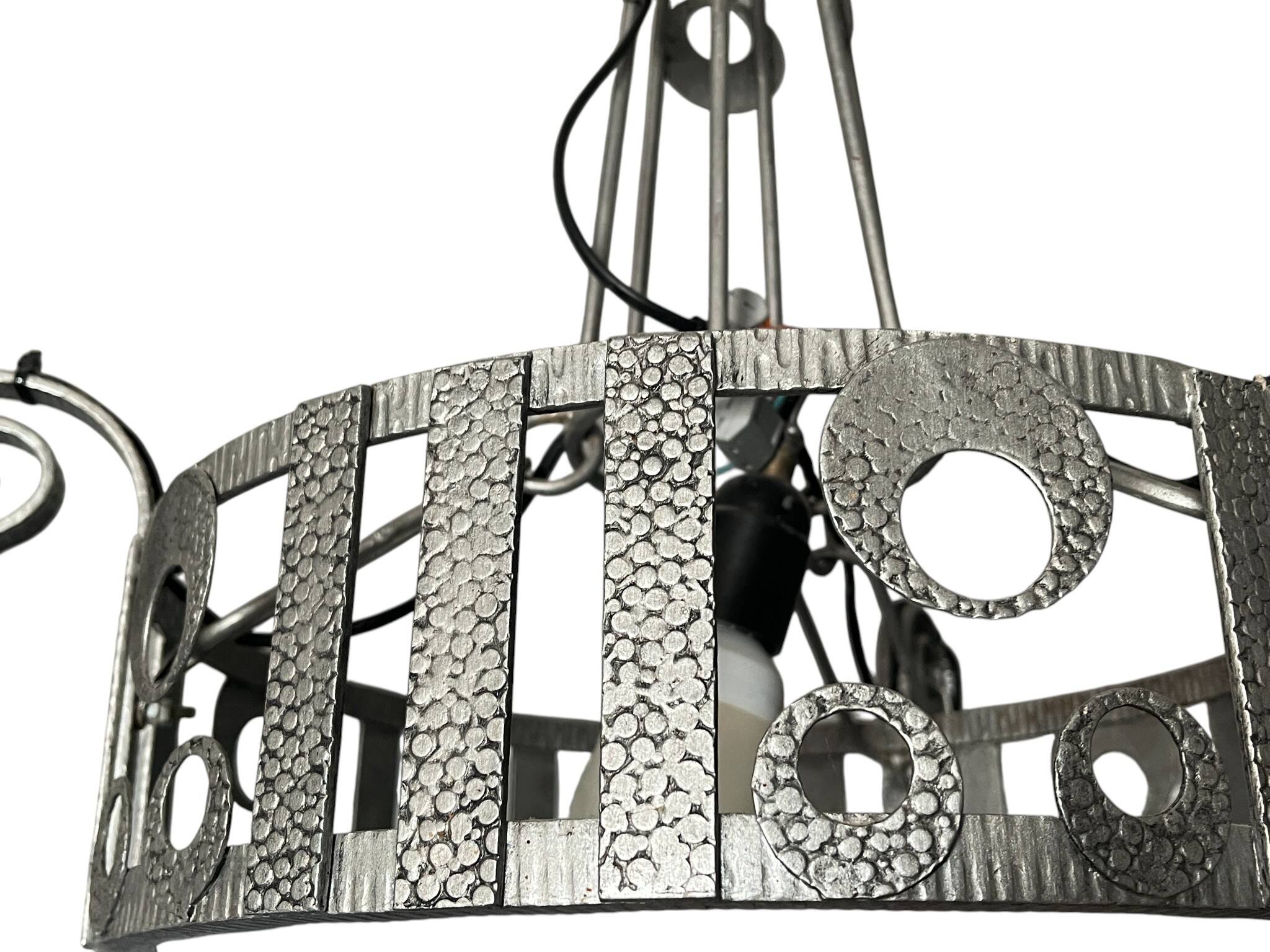 Art Deco, 4-light chandelier, wrought iron, pressed glass, Dugué Negra, circa 1930.