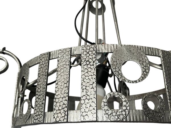 Art déco, lustre 4 feux fer forgé verre pressé Dugué Negra vers 1930