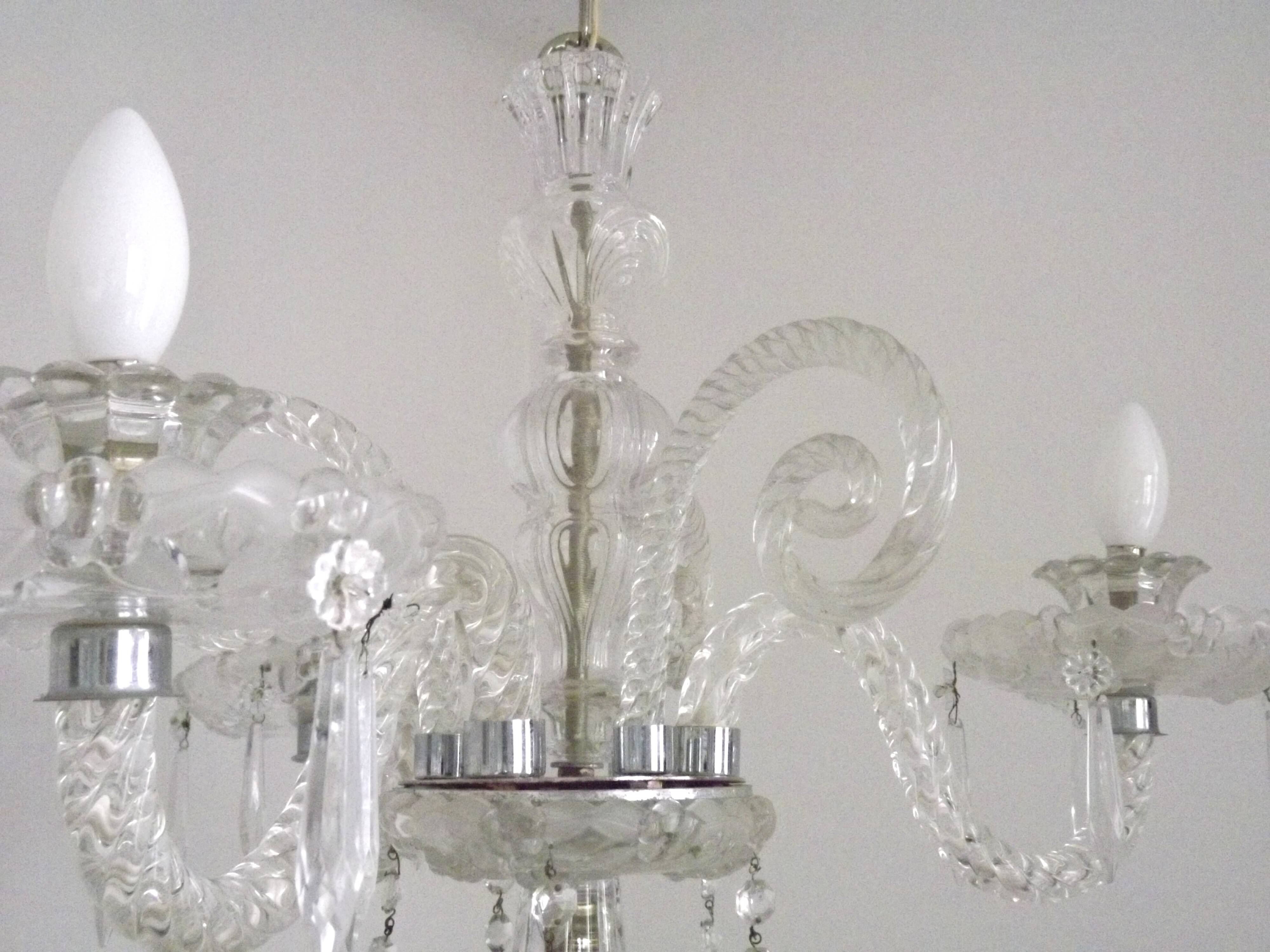 French antique glass and crystal barley twist three-armed four-light chandelier 5135